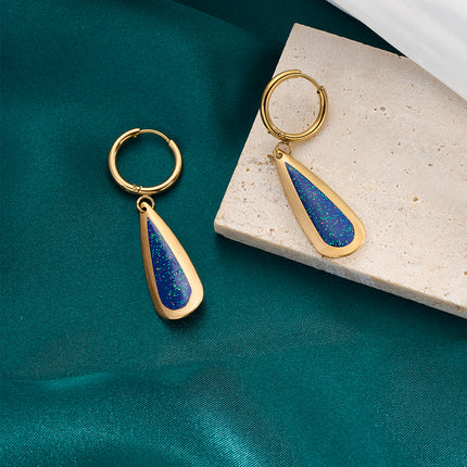 Aretes Broqueles De Acero Inoxidable Con Diseño De Círculo Y Gota Azul Profunda Con Brillo