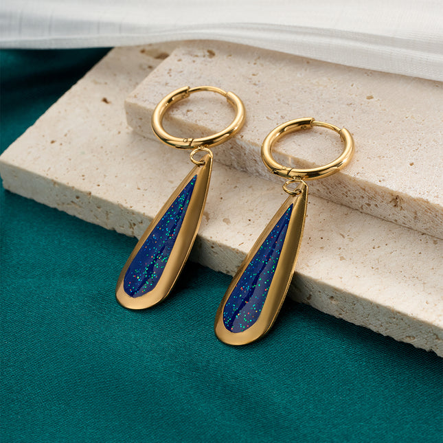 Aretes Broqueles De Acero Inoxidable Con Diseño De Círculo Y Gota Azul Profunda Con Brillo
