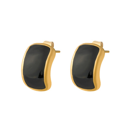 Aretes Broqueles De Acero Inoxidable Con Diseño Rectangular Curvado Y Gota Negra