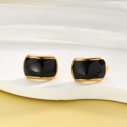 Aretes Broqueles De Acero Inoxidable Con Diseño Rectangular Curvado Y Gota Negra