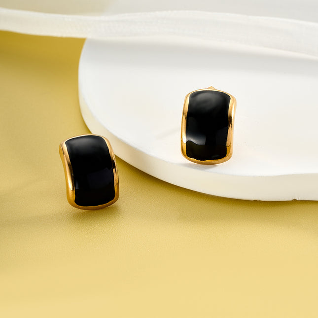 Aretes Broqueles De Acero Inoxidable Con Diseño Rectangular Curvado Y Gota Negra