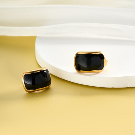 Aretes Broqueles De Acero Inoxidable Con Diseño Rectangular Curvado Y Gota Negra