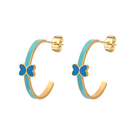 Aretes Broqueles De Acero Inoxidable En Forma De C Con Mariposa De Goteo Azul
