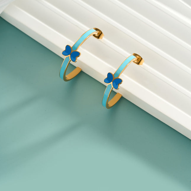 Aretes Broqueles De Acero Inoxidable En Forma De C Con Mariposa De Goteo Azul