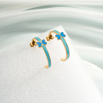Aretes Broqueles De Acero Inoxidable En Forma De C Con Mariposa De Goteo Azul