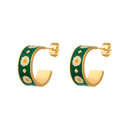 Aretes Broqueles Abiertos De Acero Inoxidable Con Flor De Crisantemo Verde