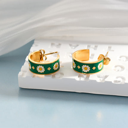 Aretes Broqueles Abiertos De Acero Inoxidable Con Flor De Crisantemo Verde