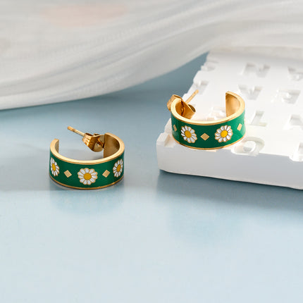 Aretes Broqueles Abiertos De Acero Inoxidable Con Flor De Crisantemo Verde