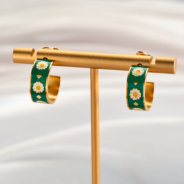 Aretes Broqueles Abiertos De Acero Inoxidable Con Flor De Crisantemo Verde