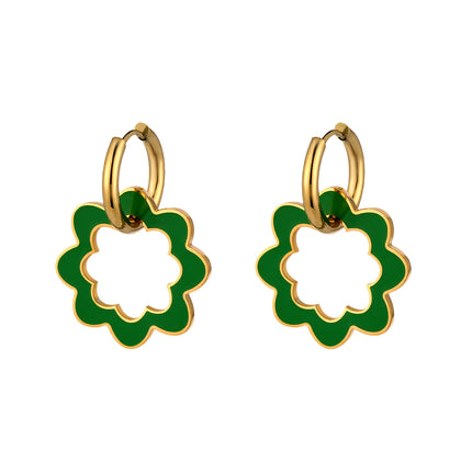 Aretes Broqueles De Acero Inoxidable Con Diseño De Flor Verde En Circulo
