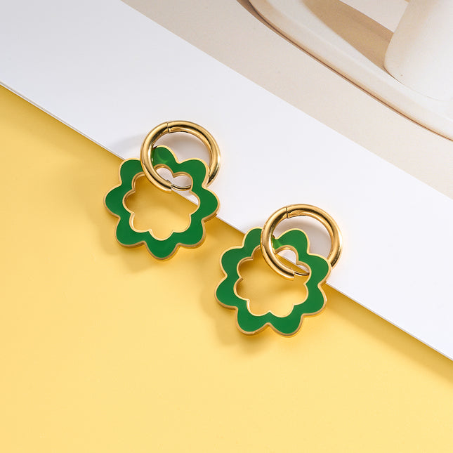 Aretes Broqueles De Acero Inoxidable Con Diseño De Flor Verde En Circulo