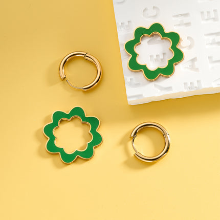 Aretes Broqueles De Acero Inoxidable Con Diseño De Flor Verde En Circulo