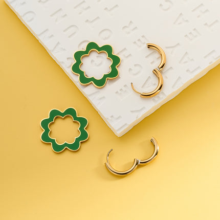 Aretes Broqueles De Acero Inoxidable Con Diseño De Flor Verde En Circulo