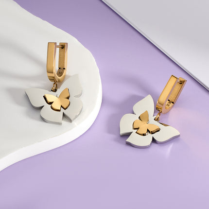 Aretes Largos Con Diseño De Mariposa De Gradiente Dorado De Acero Inoxidable