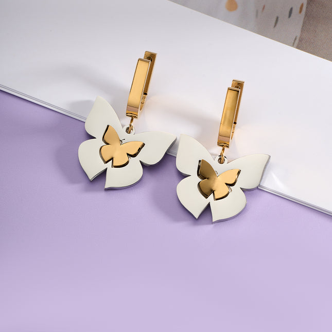 Aretes Largos Con Diseño De Mariposa De Gradiente Dorado De Acero Inoxidable