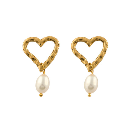 Aretes Largos De Corazón Con Textura Irregular Y Perla Blanca De Acero Inoxidable