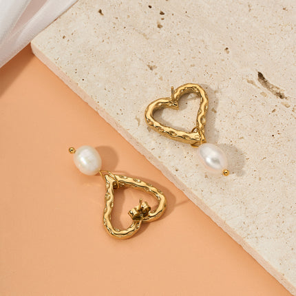 Aretes Largos De Corazón Con Textura Irregular Y Perla Blanca De Acero Inoxidable