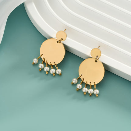Aretes Largos Redondos Dorados Con Perla Blanca De Acero Inoxidable