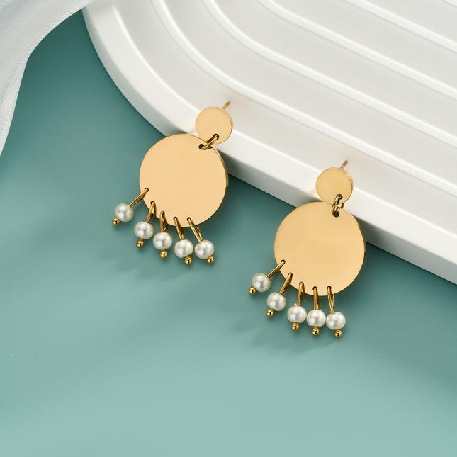 Aretes Largos Redondos Dorados Con Perla Blanca De Acero Inoxidable