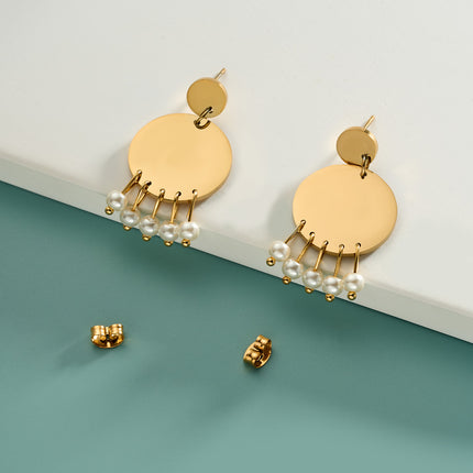 Aretes Largos Redondos Dorados Con Perla Blanca De Acero Inoxidable