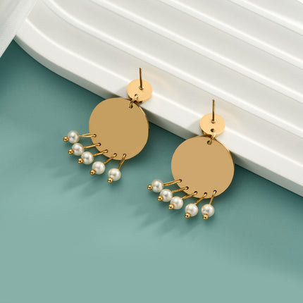 Aretes Largos Redondos Dorados Con Perla Blanca De Acero Inoxidable