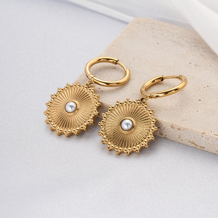 Aretes Broqueles De Acero Inoxidable Con Círculo Y Perla Blanca