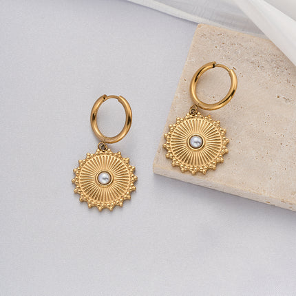 Aretes Broqueles De Acero Inoxidable Con Círculo Y Perla Blanca
