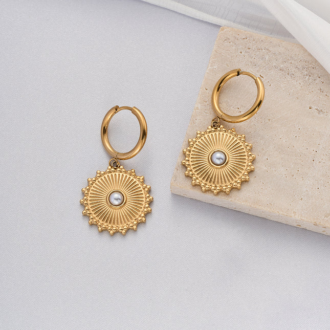 Aretes Broqueles De Acero Inoxidable Con Círculo Y Perla Blanca