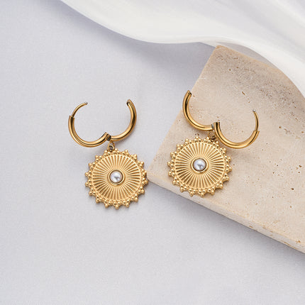 Aretes Broqueles De Acero Inoxidable Con Círculo Y Perla Blanca