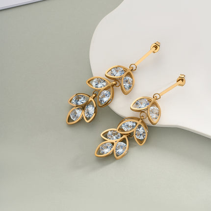 Aretes Largos De Hoja Con Diamantes De Estilo Lujo Sutil De Acero Inoxidable Chapado En Oro 14K