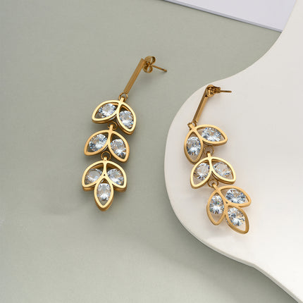 Aretes Largos De Hoja Con Diamantes De Estilo Lujo Sutil De Acero Inoxidable Chapado En Oro 14K