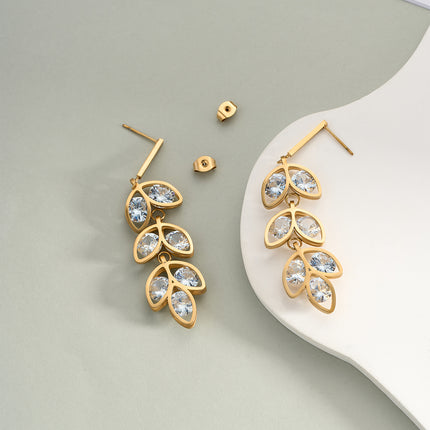 Aretes Largos De Hoja Con Diamantes De Estilo Lujo Sutil De Acero Inoxidable Chapado En Oro 14K