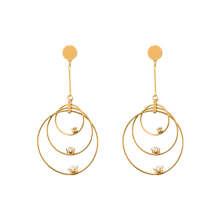 Aretes Largos Con Múltiples Anillos Y Diamantes De Estilo Lujo Sutil De Acero Inoxidable Chapado En Oro 14K