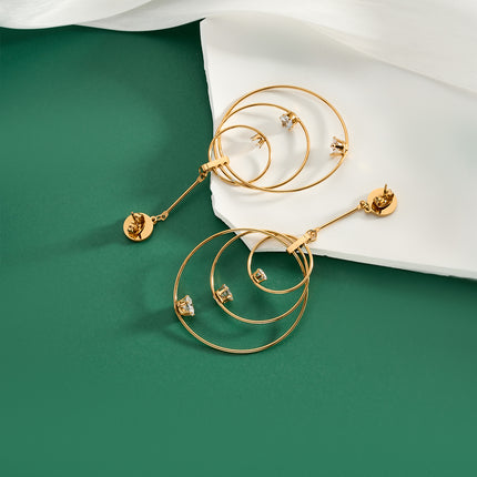 Aretes Largos Con Múltiples Anillos Y Diamantes De Estilo Lujo Sutil De Acero Inoxidable Chapado En Oro 14K