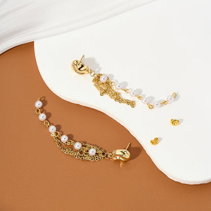 Aretes Largos Con Colgante De Perla De Acero Inoxidable Chapado En Oro 14K