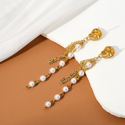 Aretes Largos Con Colgante De Perla De Acero Inoxidable Chapado En Oro 14K
