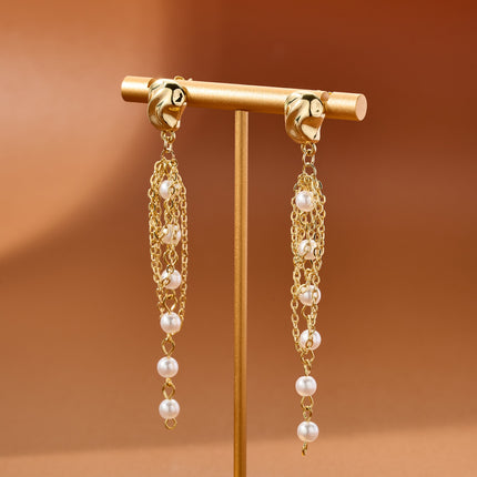 Aretes Largos Con Colgante De Perla De Acero Inoxidable Chapado En Oro 14K