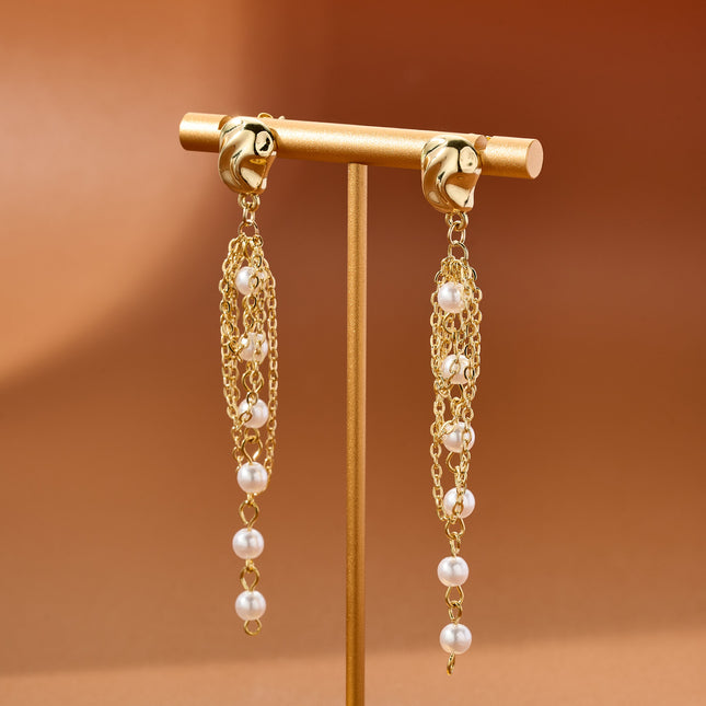 Aretes Largos Con Colgante De Perla De Acero Inoxidable Chapado En Oro 14K