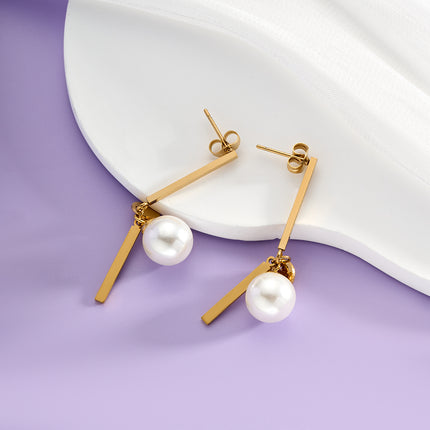 Aretes Largos Con Colgante De Perla De Acero Inoxidable Chapado En Oro 14K, Estilo Lujo
