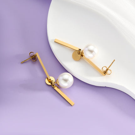 Aretes Largos Con Colgante De Perla De Acero Inoxidable Chapado En Oro 14K, Estilo Lujo