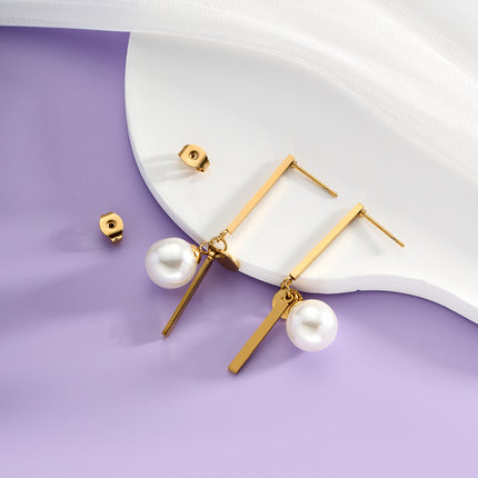 Aretes Largos Con Colgante De Perla De Acero Inoxidable Chapado En Oro 14K, Estilo Lujo
