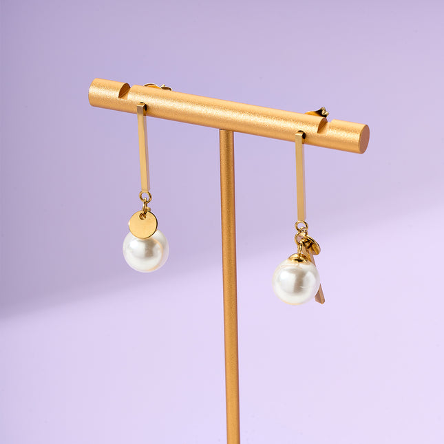 Aretes Largos Con Colgante De Perla De Acero Inoxidable Chapado En Oro 14K, Estilo Lujo