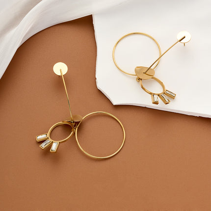 Aretes Largos Con Colgante Circular De Acero Inoxidable Chapado En Oro 14K, Estilo Lujo