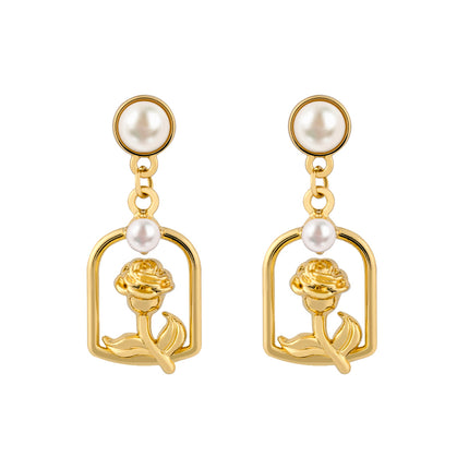 Aretes De Lujo Con Perlas Y Diseño De Jardín De Rosas De Aleación Chapado En Oro 14K