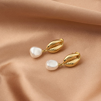 Aretes Largos De Lujo Con Colgante De Perla Y Concha En Cobre Para Mujer
