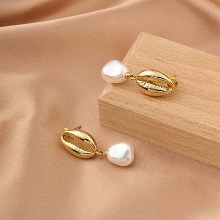 Aretes Largos De Lujo Con Colgante De Perla Y Concha En Cobre Para Mujer