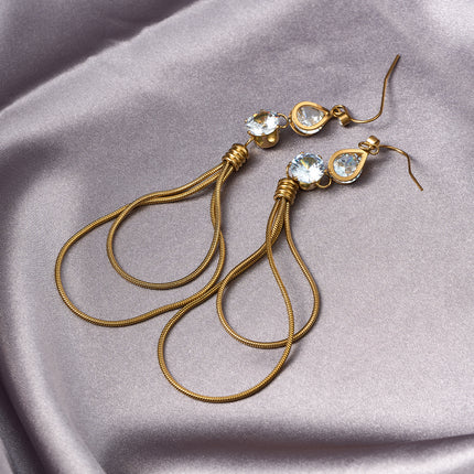 Aretes Largos De Lujo Con Diseño De Cuerda Y Zirconia En Acero Inoxidable