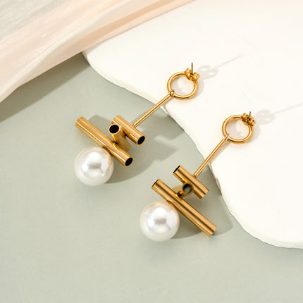 Aretes Largos Con Colgante De Perla Redonda Para Mujer De Acero Inoxidable
