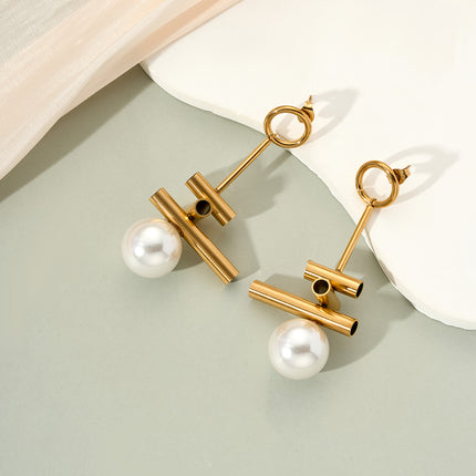 Aretes Largos Con Colgante De Perla Redonda Para Mujer De Acero Inoxidable