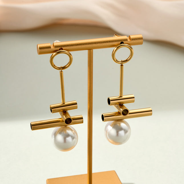 Aretes Largos Con Colgante De Perla Redonda Para Mujer De Acero Inoxidable